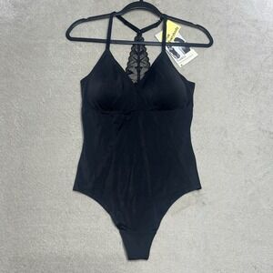 NEW True & Co Black V-Neck Racerback Bodysuit Size Large Lace Back Built In Bra